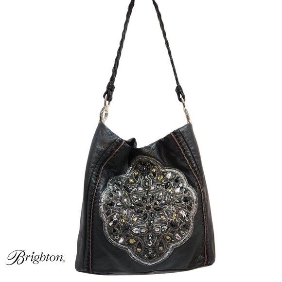 Brighton Anju Masterpiece Sequin Beads Soft Black Leather Bucket Bag MSRP $495